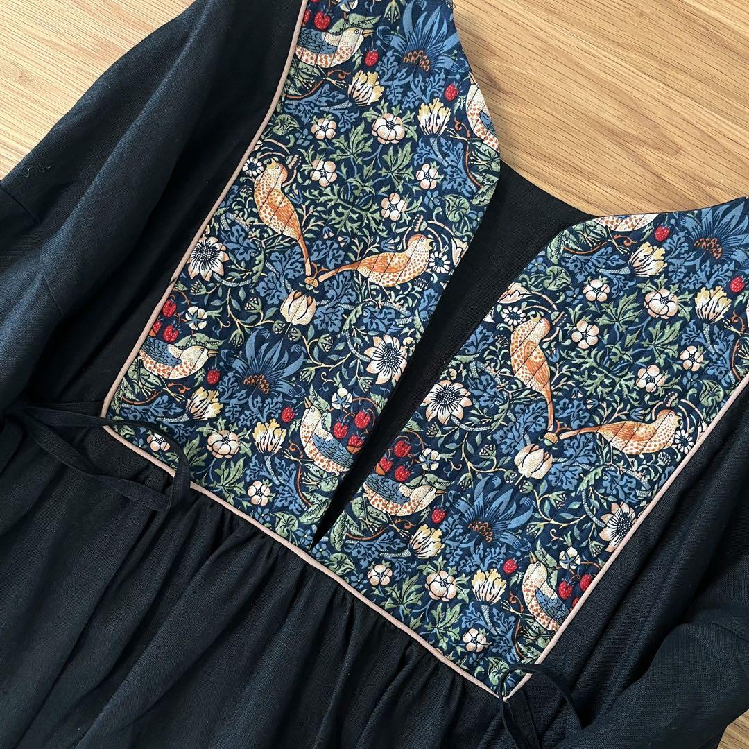 handmade ウィリアムモリスいちご泥棒×リネン ワンピース フリーサイズ