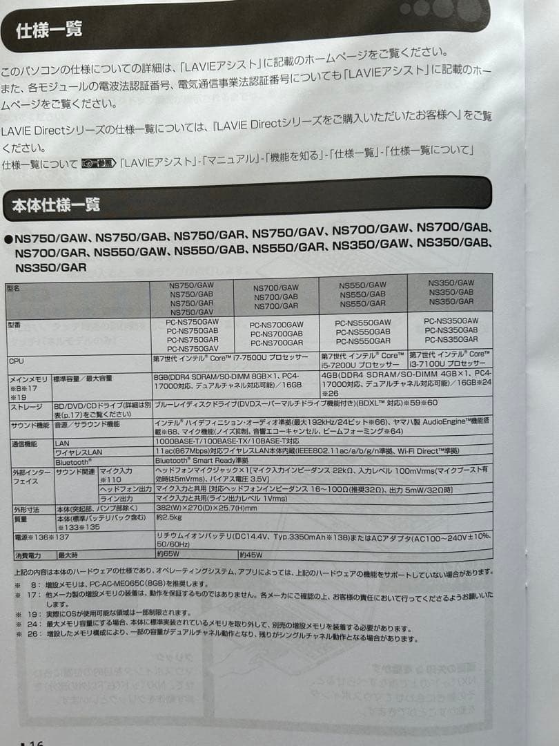 NEC Lavie PC-NS350GAW　SSD 256GB RAM 16G