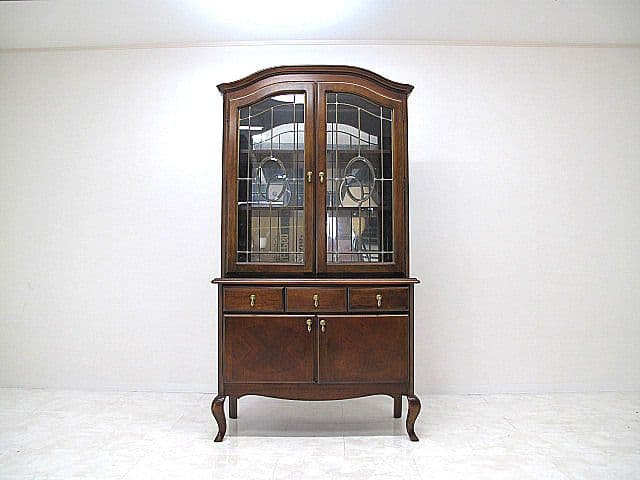 アールデコ様式飾り棚 ステンドグラス扉×背面ミラー キュリオケース　カップボード