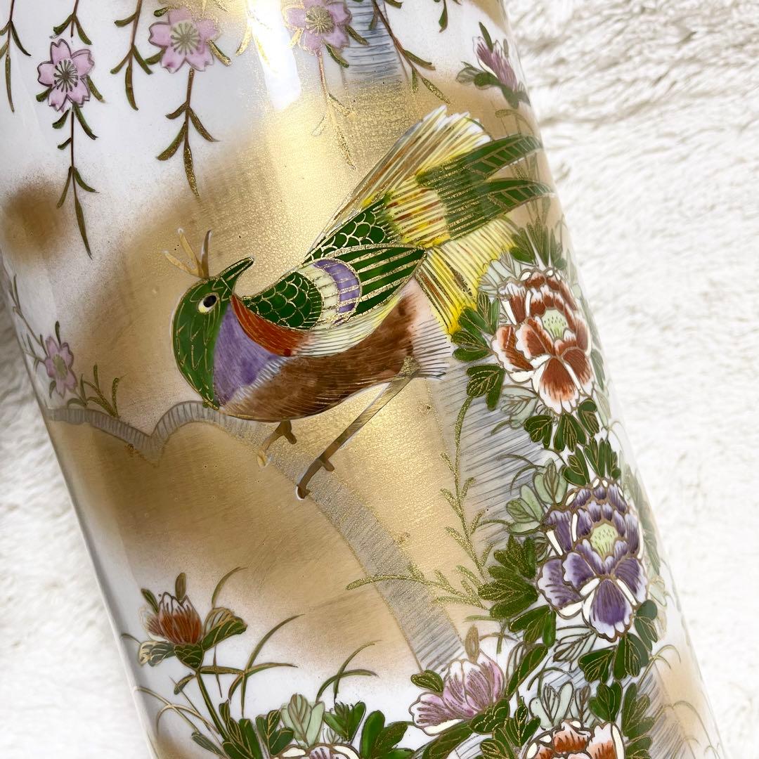 新品未使用 九谷焼 高級傘立て 金緑 花と鳥 手描き手作 開運 風水 開運 金運