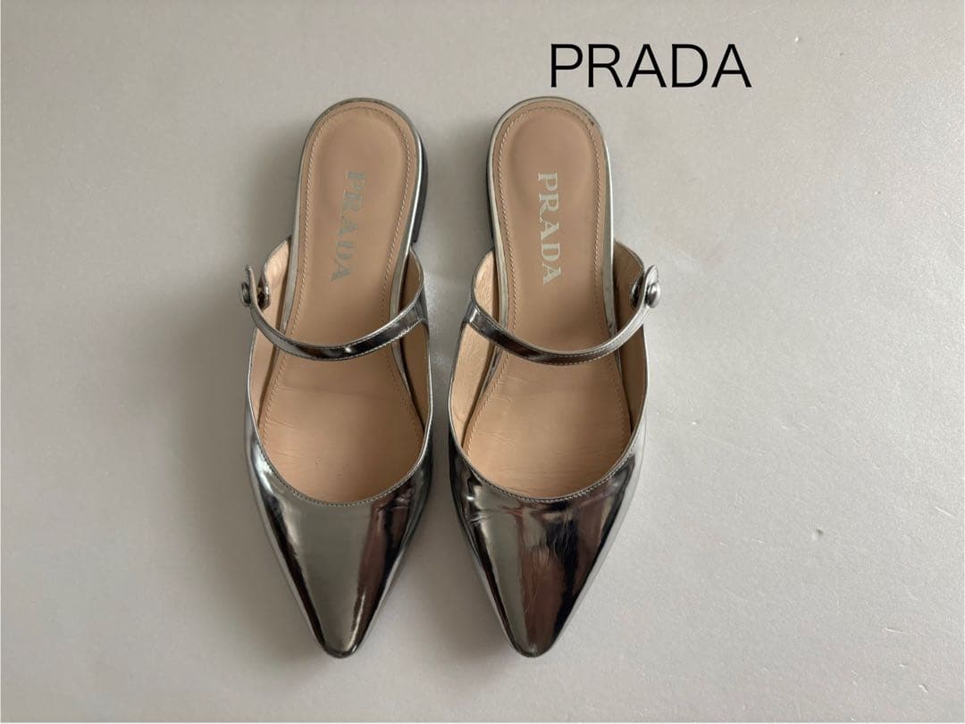 美品　プラダ　PRADA メリージェーン　フラットミュール　シルバー　36.5