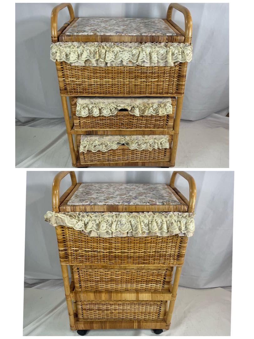 【良品】 ラタン チェスト 木製 昭和レトロ 3段 収納ボックス