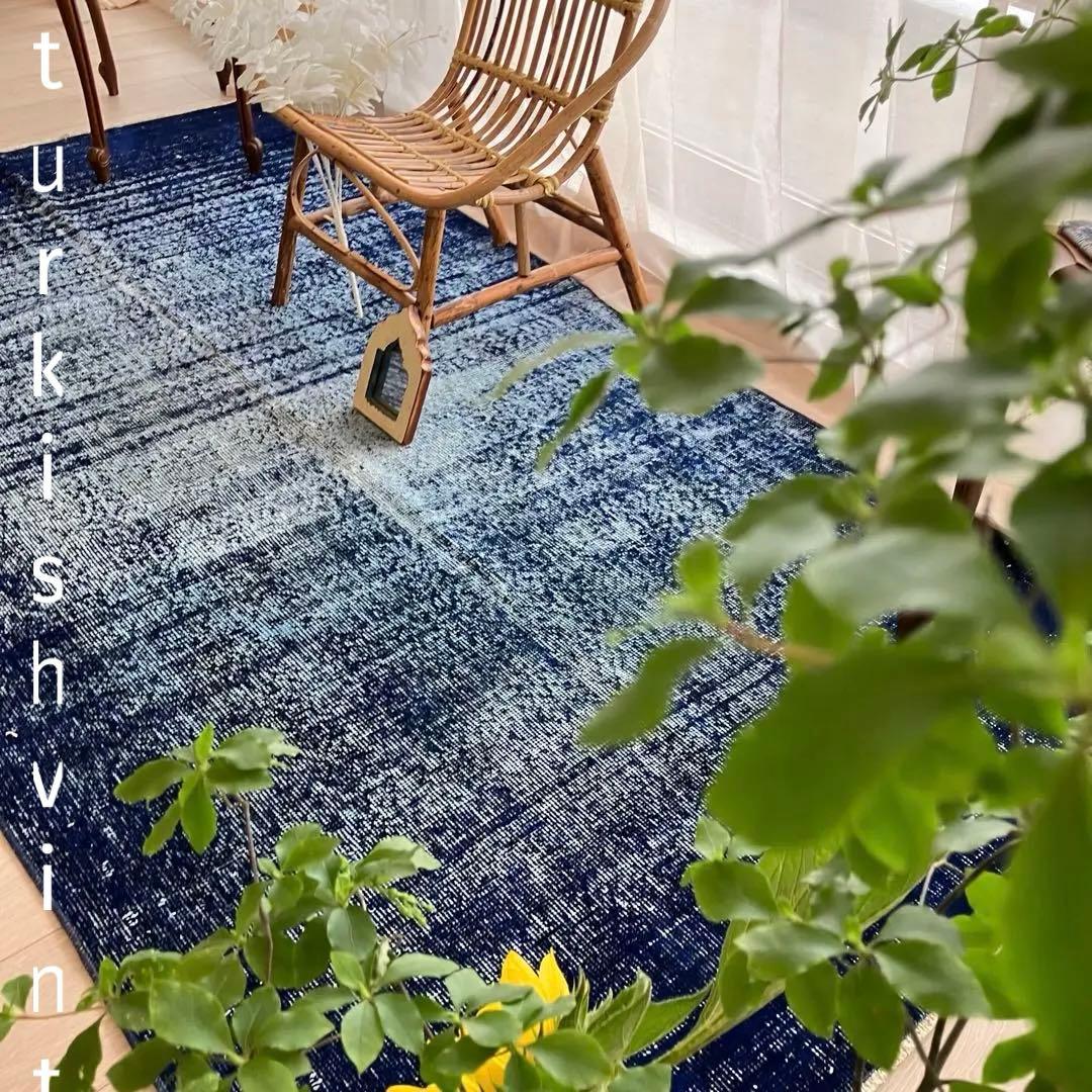 オーバーダイ109×205 デニム　グラデーションブルー　トルコヴィンテージラグ