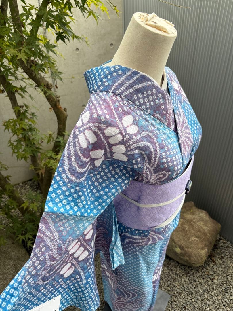 有松絞り浴衣 新品 仕立て上りhanashibori青水色紫地　ゆう様