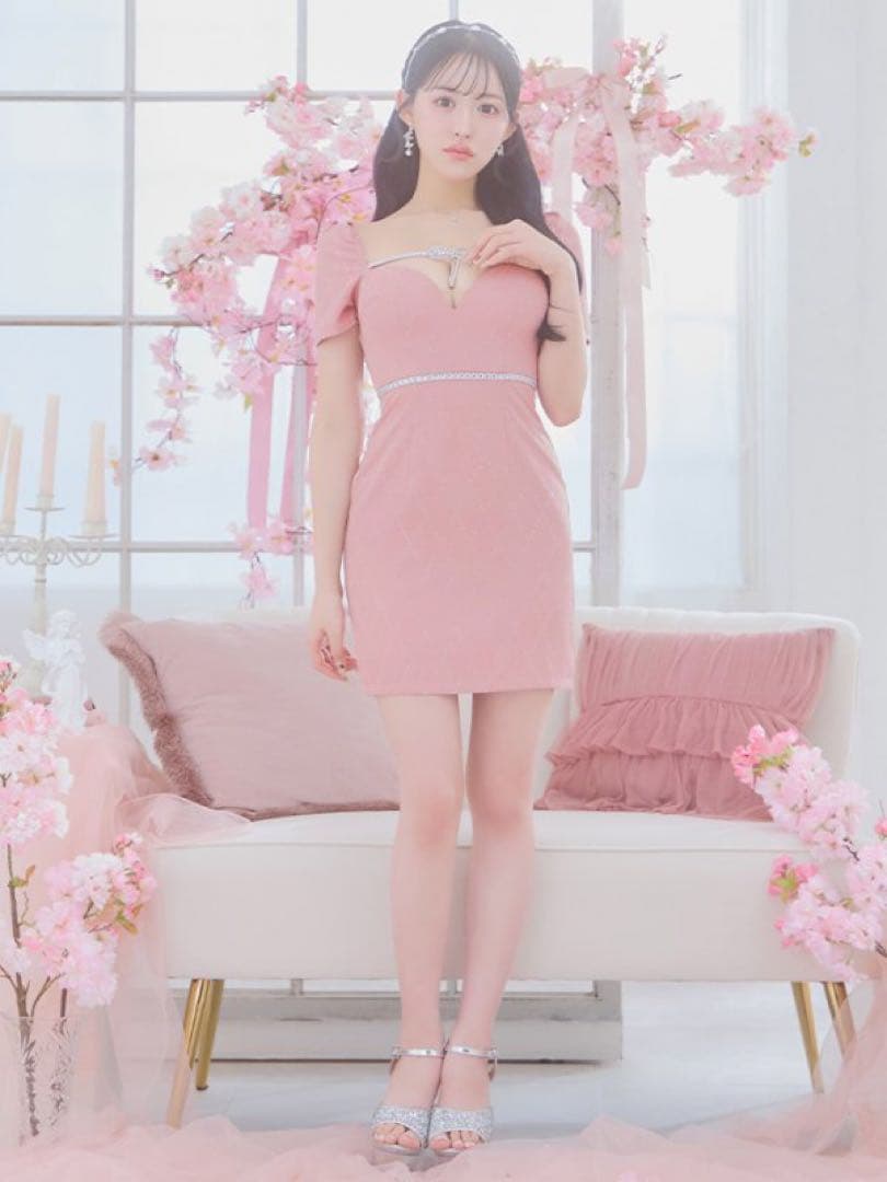 jewelsリボンビジュー付きピンクドレス