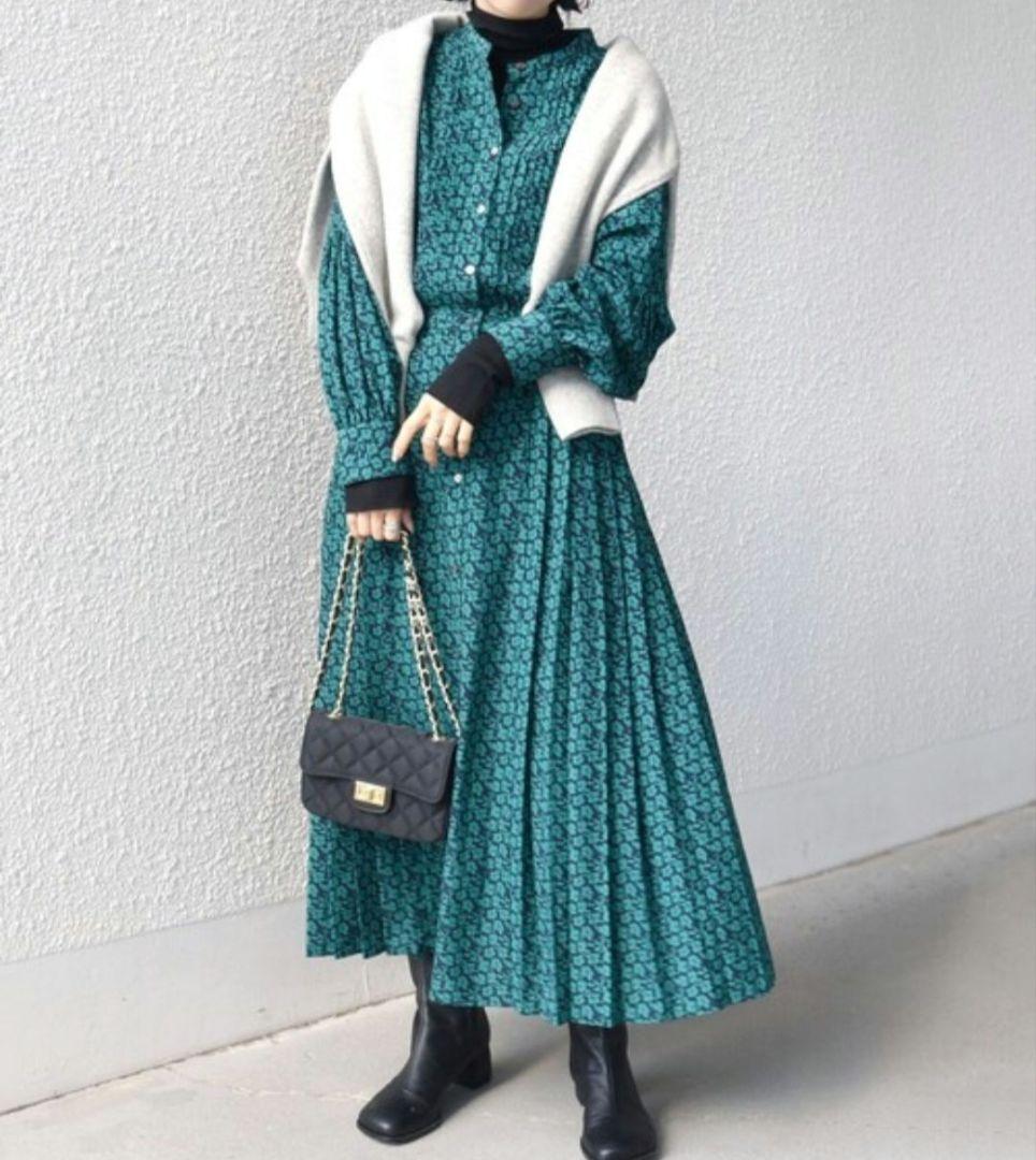 932 シップス ドット / 花柄 バンドカラー サイド プリーツ ワンピース