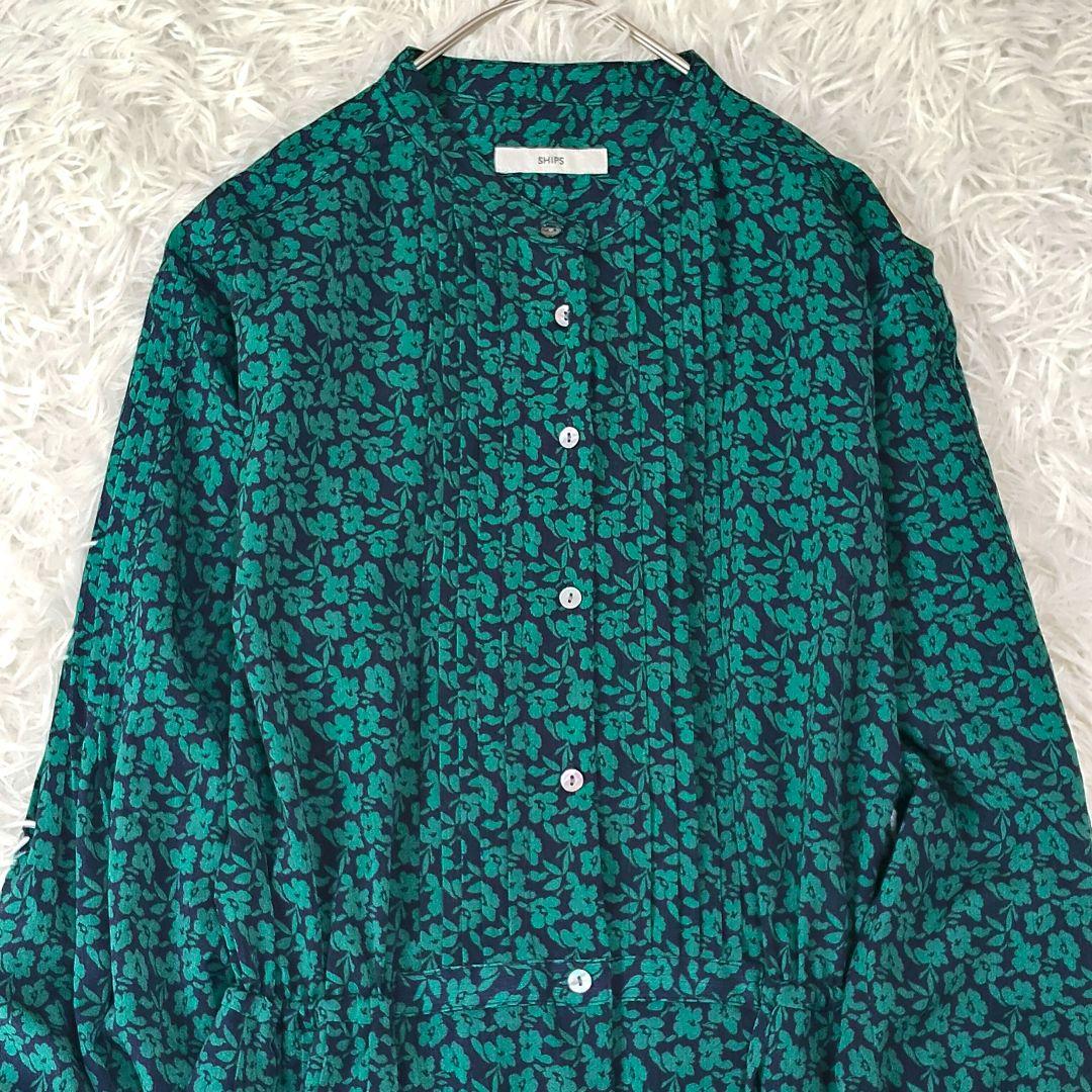 932 シップス ドット / 花柄 バンドカラー サイド プリーツ ワンピース