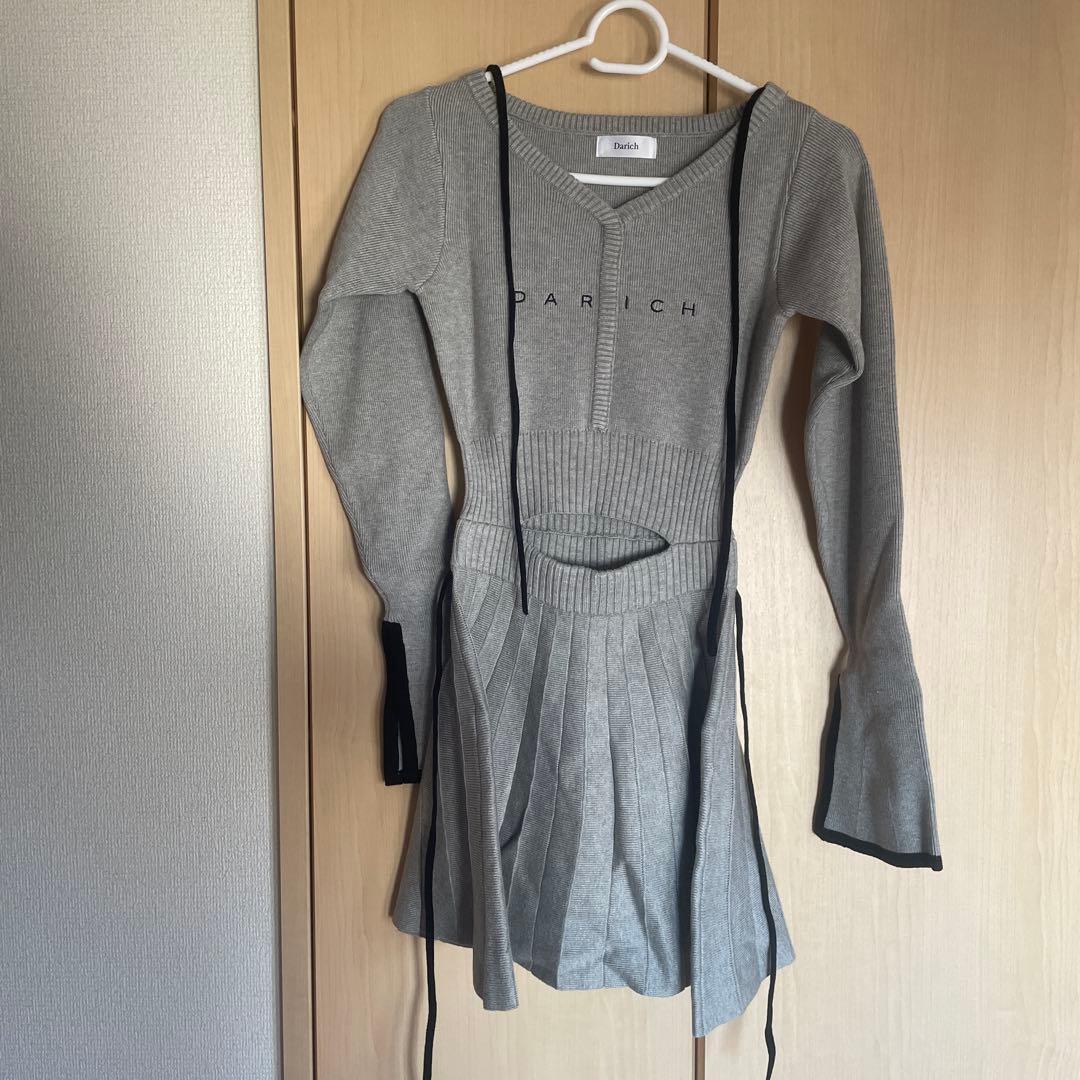 Darich ウエストオープンリボンデザインニットミニワンピース グレー