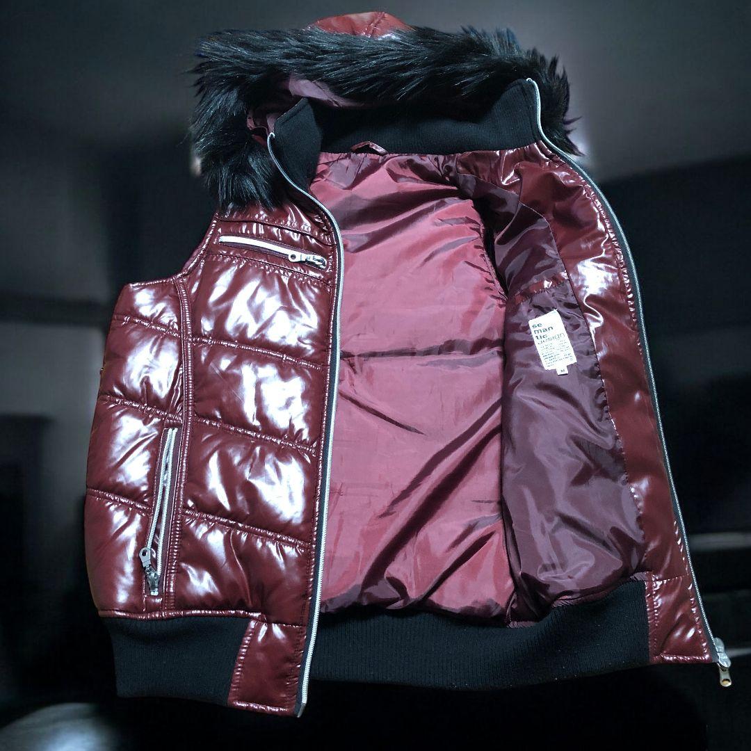 人気　y2k 光沢 バーガンディ ファーキルティングベスト ワイン色 M