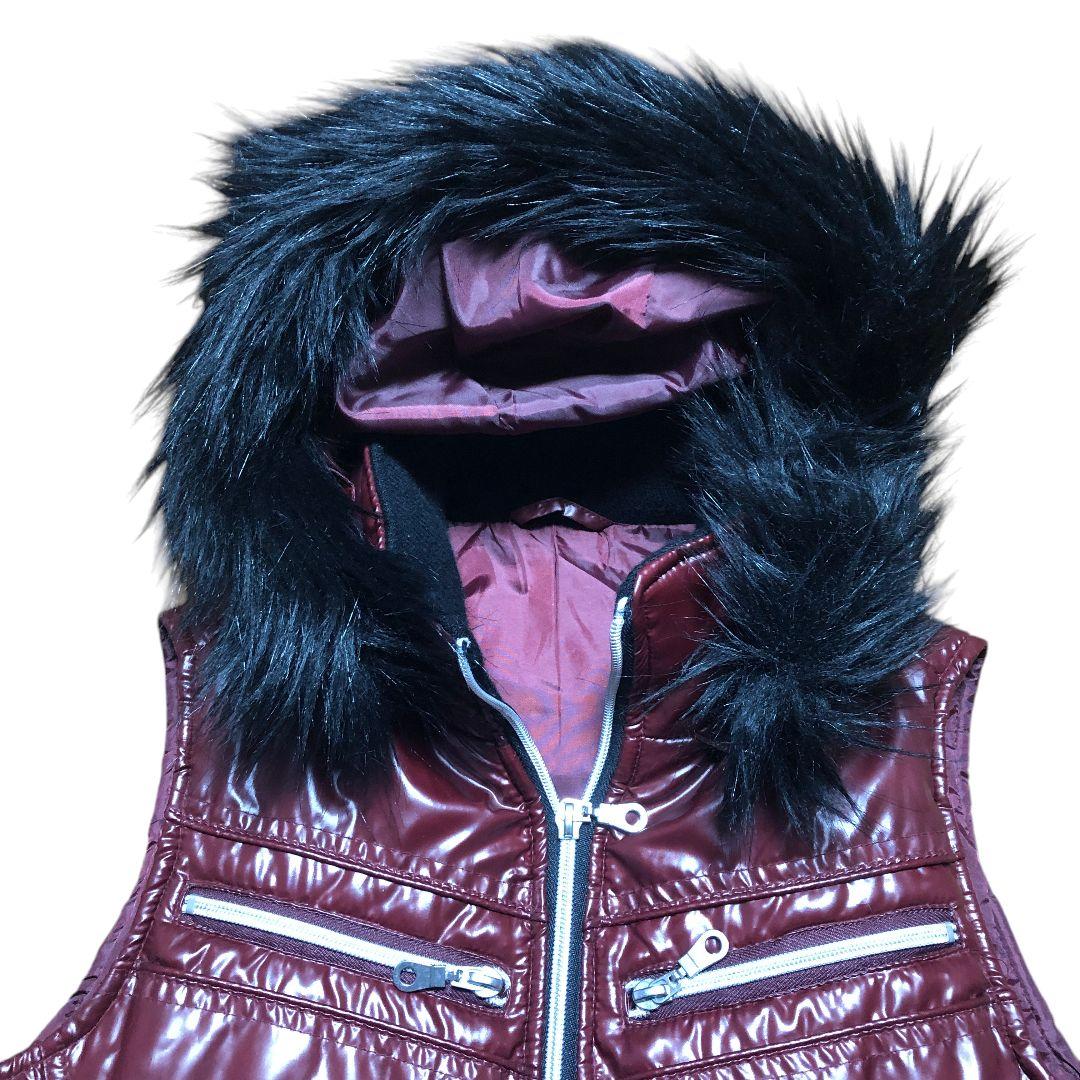 人気　y2k 光沢 バーガンディ ファーキルティングベスト ワイン色 M