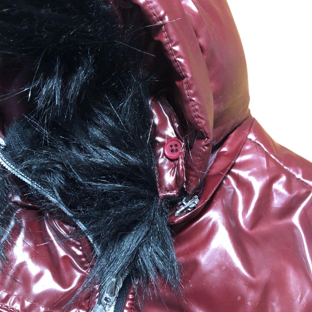 人気　y2k 光沢 バーガンディ ファーキルティングベスト ワイン色 M