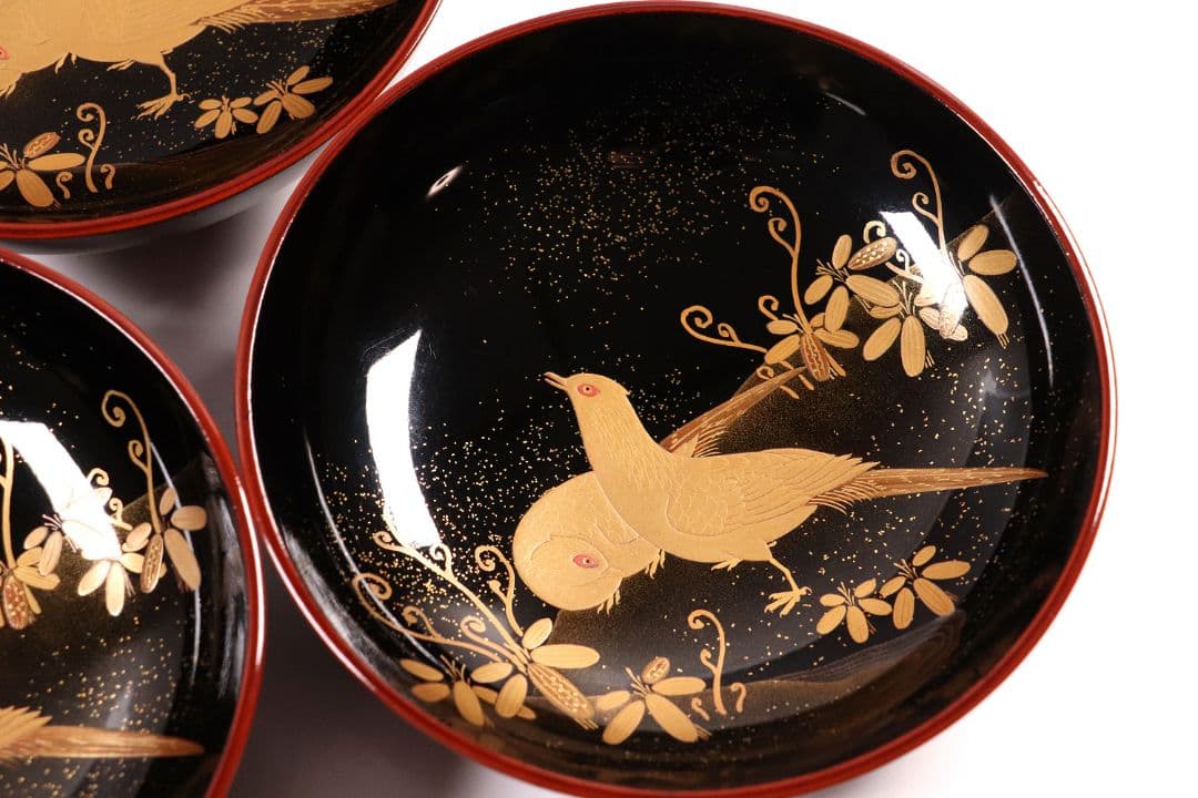 専用10客まとめ CM5 時代 加賀蒔絵 鳥図 溜塗内黒 椀 三客 木製 雉春草
