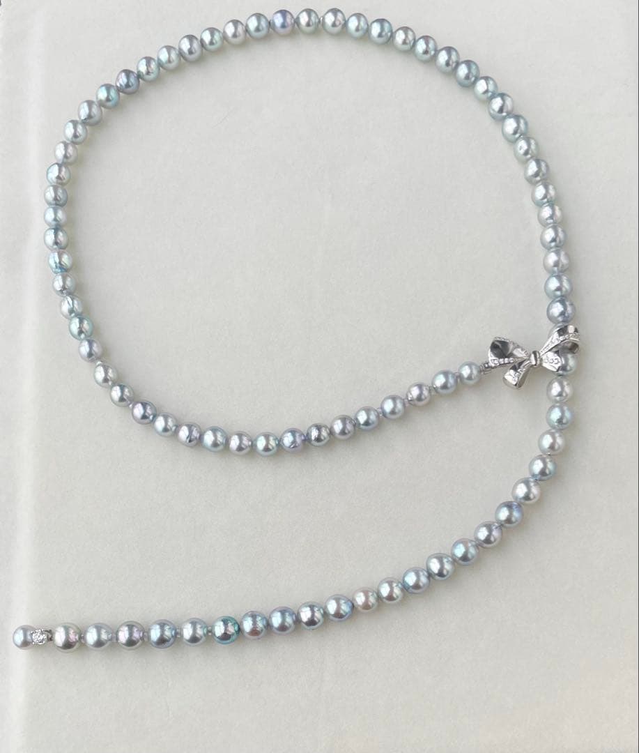 あこや真珠 ブルー系 アコヤパールロングネックレス リボンモチーフ ブルーローズ