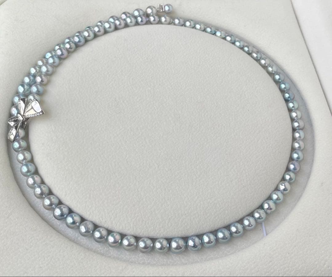 あこや真珠 ブルー系 アコヤパールロングネックレス リボンモチーフ ブルーローズ