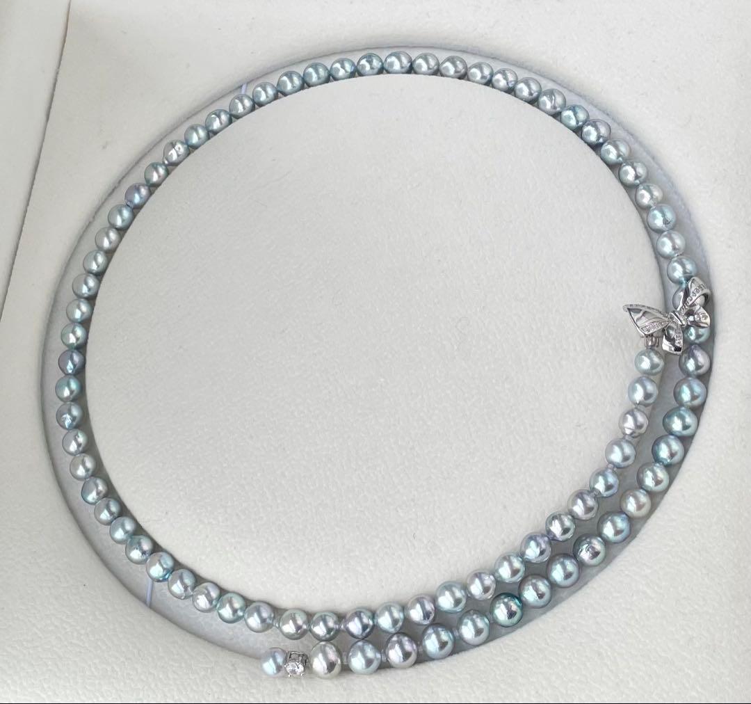 あこや真珠 ブルー系 アコヤパールロングネックレス リボンモチーフ ブルーローズ