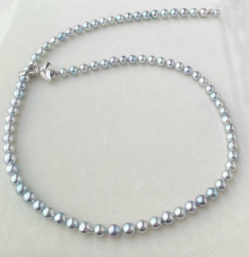 あこや真珠 ブルー系 アコヤパールロングネックレス リボンモチーフ ブルーローズ