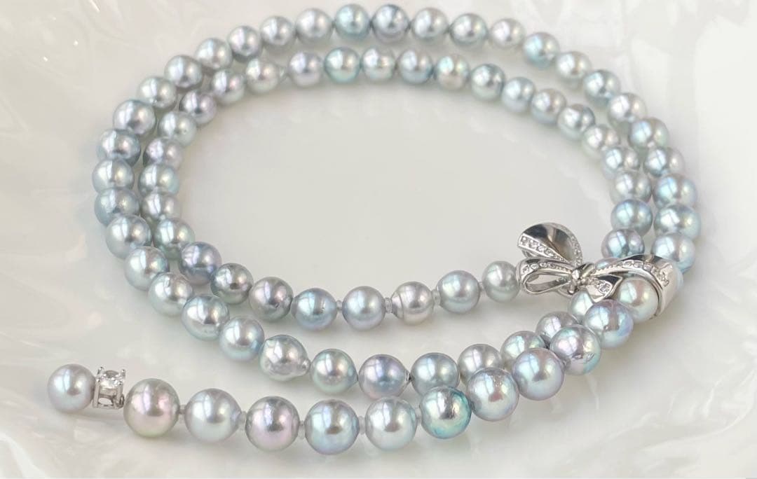 あこや真珠 ブルー系 アコヤパールロングネックレス リボンモチーフ ブルーローズ