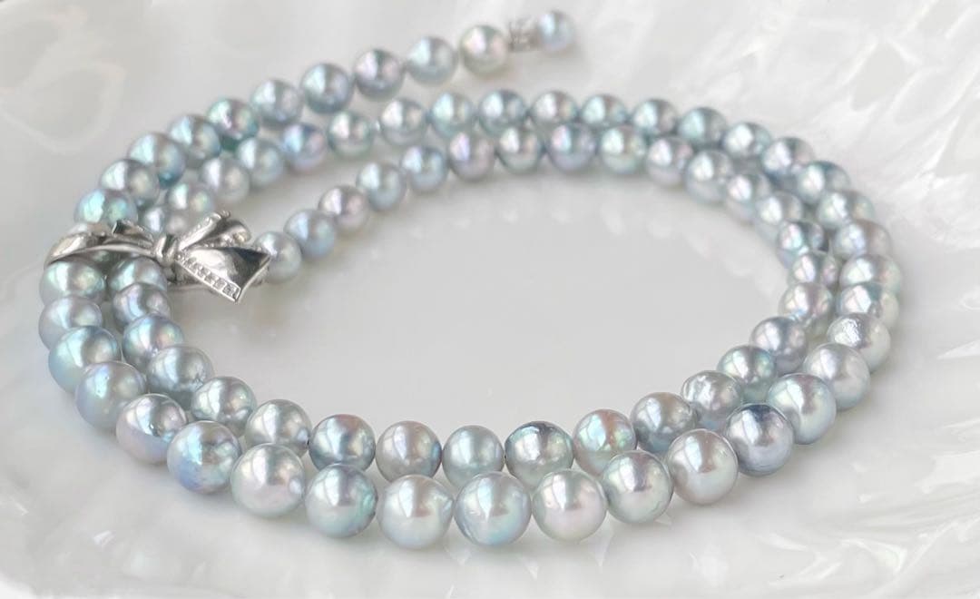 あこや真珠 ブルー系 アコヤパールロングネックレス リボンモチーフ ブルーローズ