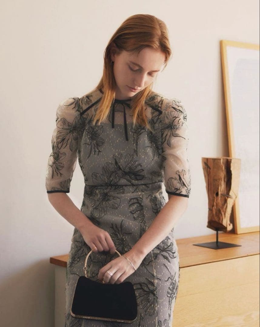 Leja 花柄リボンパフスリーブマーメイドワンピースドレス Mサイズ