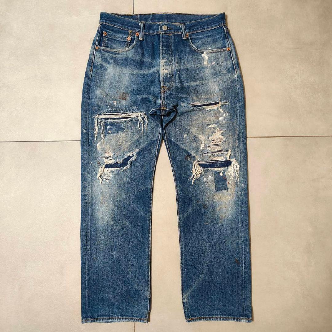 ビンテージ リーバイス 501 w34 ダメージ パッチワーク グランジデニム