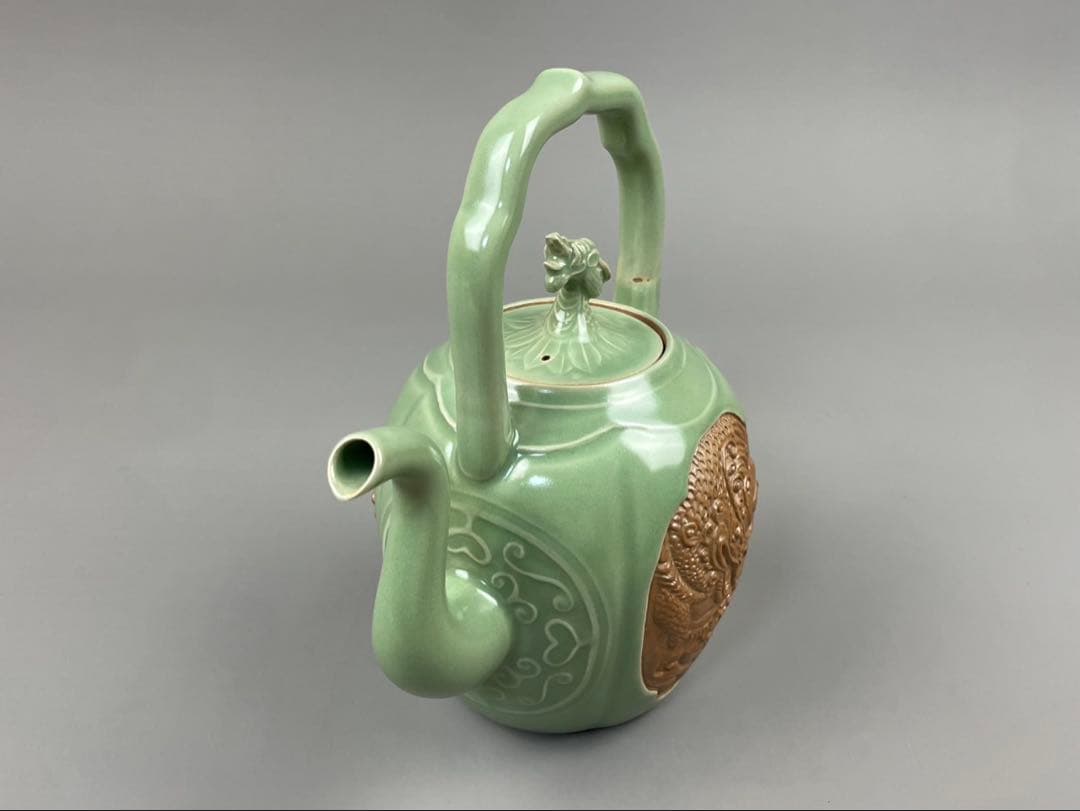 青磁 雲龍文 提梁式 平安 艶彩造 水注 京焼 茶道具 茶器 和食器 共箱 共布