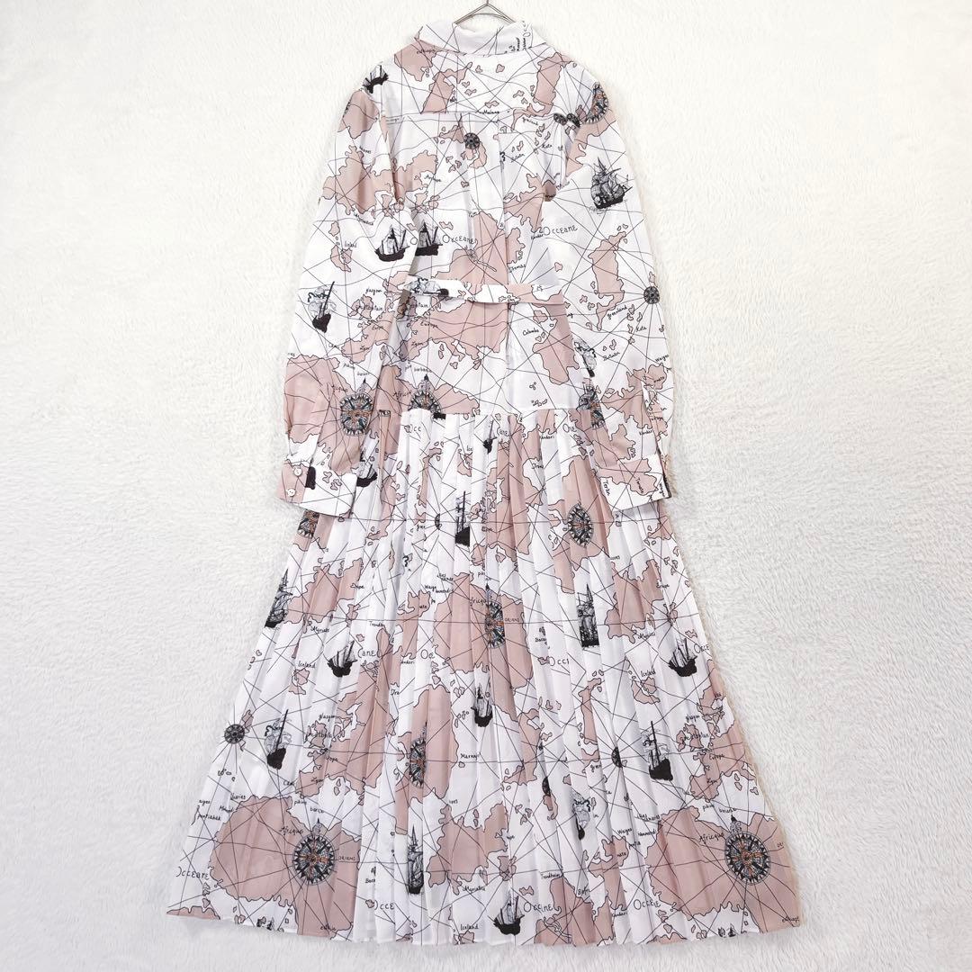 ダイアグラム マッププリント ワンピース マキシ丈 プリーツ ベルト付 ピンク