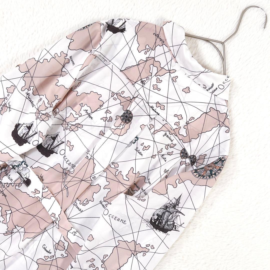 ダイアグラム マッププリント ワンピース マキシ丈 プリーツ ベルト付 ピンク