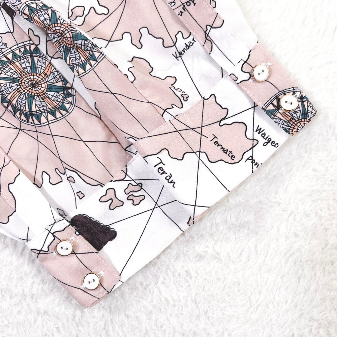 ダイアグラム マッププリント ワンピース マキシ丈 プリーツ ベルト付 ピンク