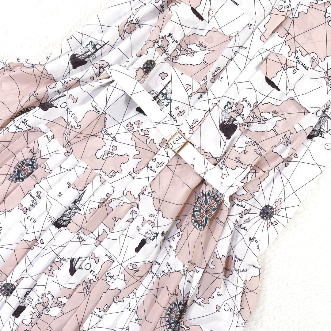 ダイアグラム マッププリント ワンピース マキシ丈 プリーツ ベルト付 ピンク