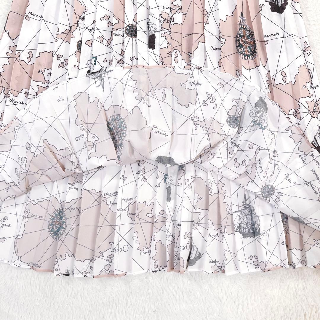 ダイアグラム マッププリント ワンピース マキシ丈 プリーツ ベルト付 ピンク