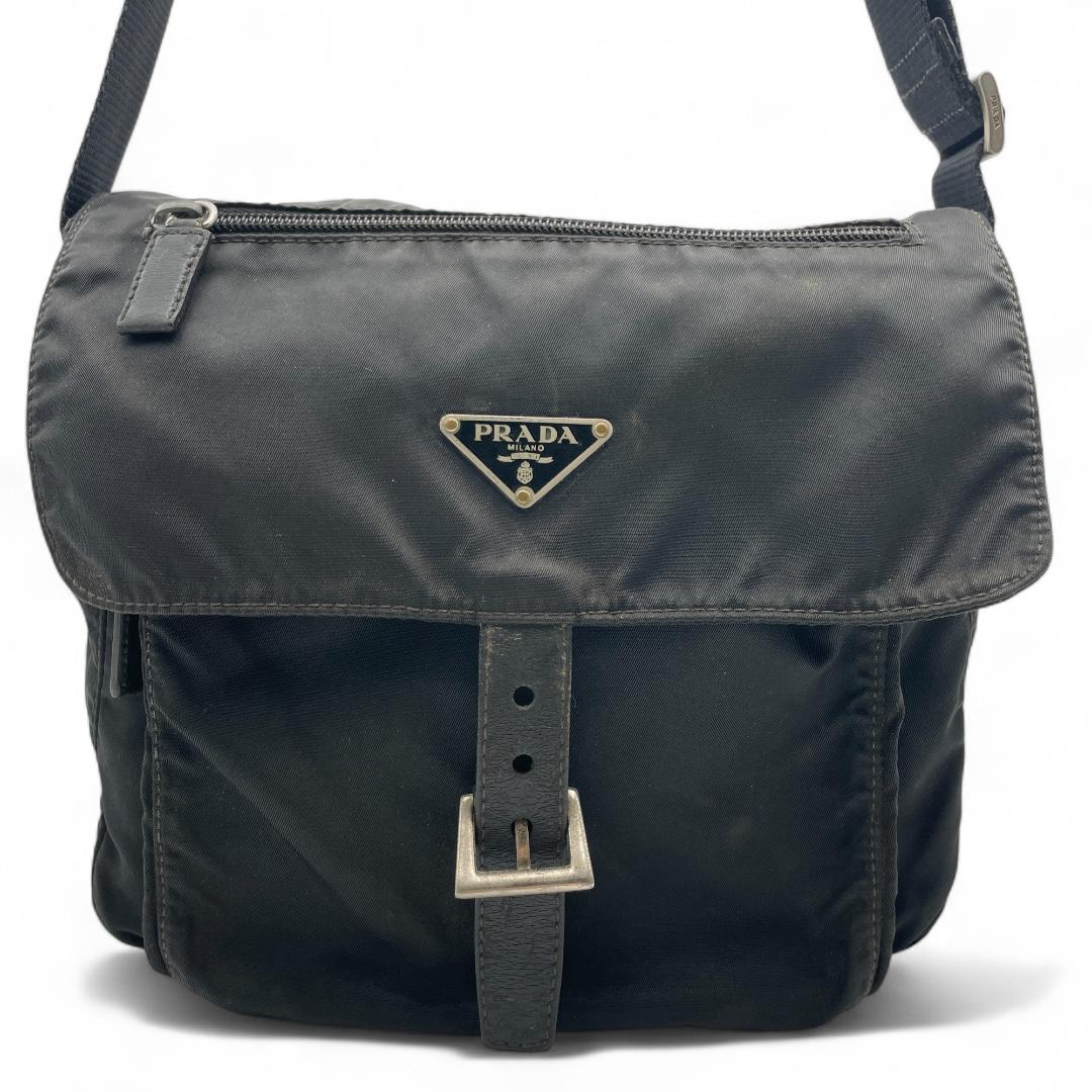 良品 PRADA ショルダーバッグ ナイロン ブラック 三角ロゴ
