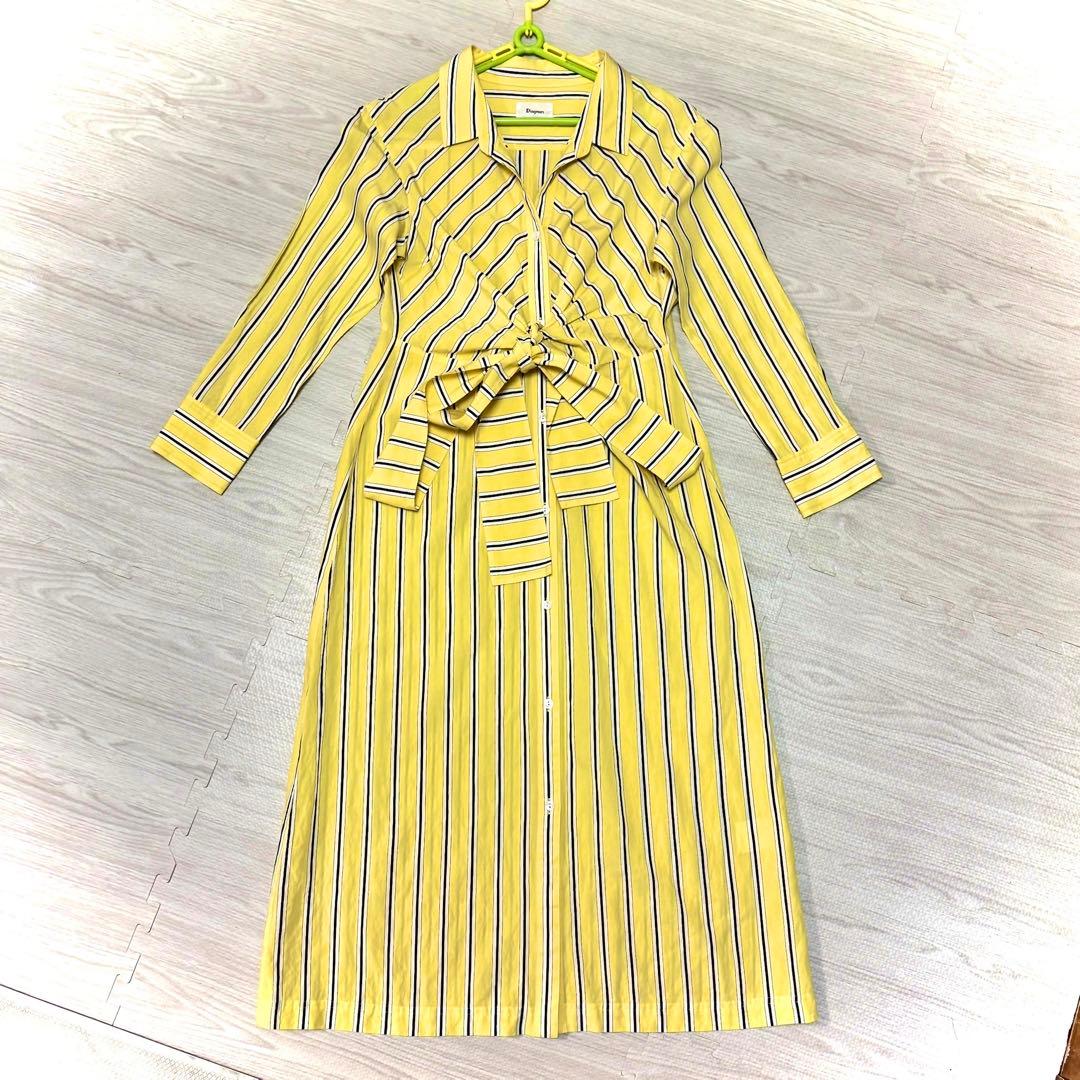 ダイアグラム ストライプ シャツクロス ワンピース イエロー リボン38 M