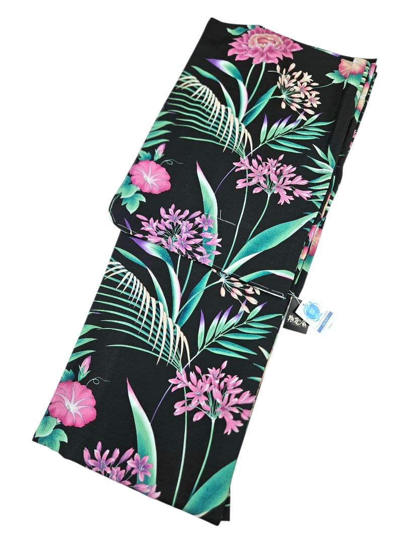 新品撫松庵プレタ浴衣セオアルファ花柄アガパンサス黒　日本製　訳あり