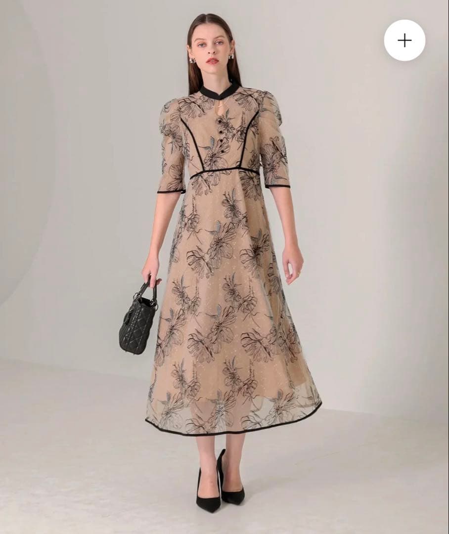 （R）Leja パイピングハイネック花柄ラメレースワンピースドレス S