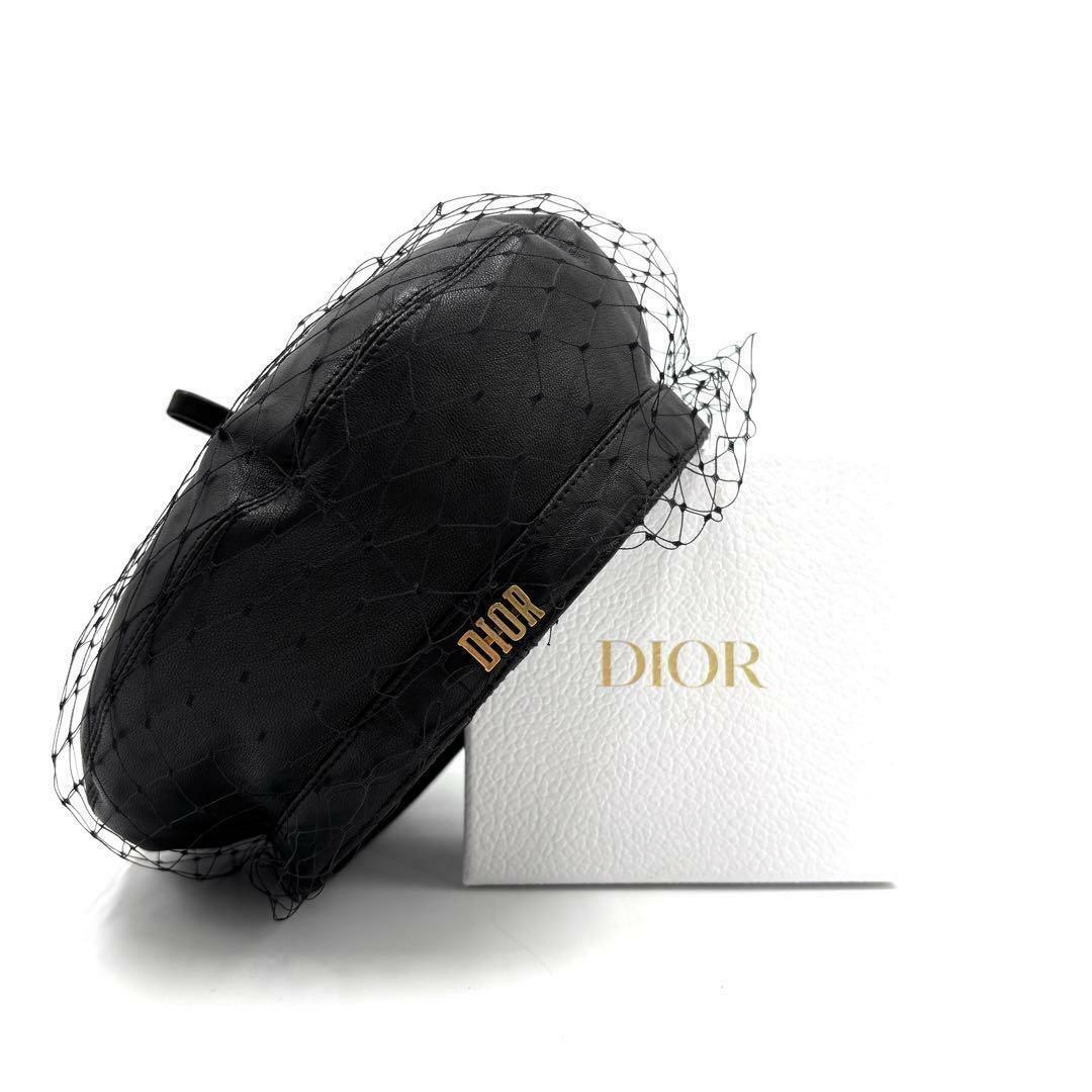 【極美品】ディオール ベレー帽 キャスケット ラムレザー ゴールドロゴ 黒 網