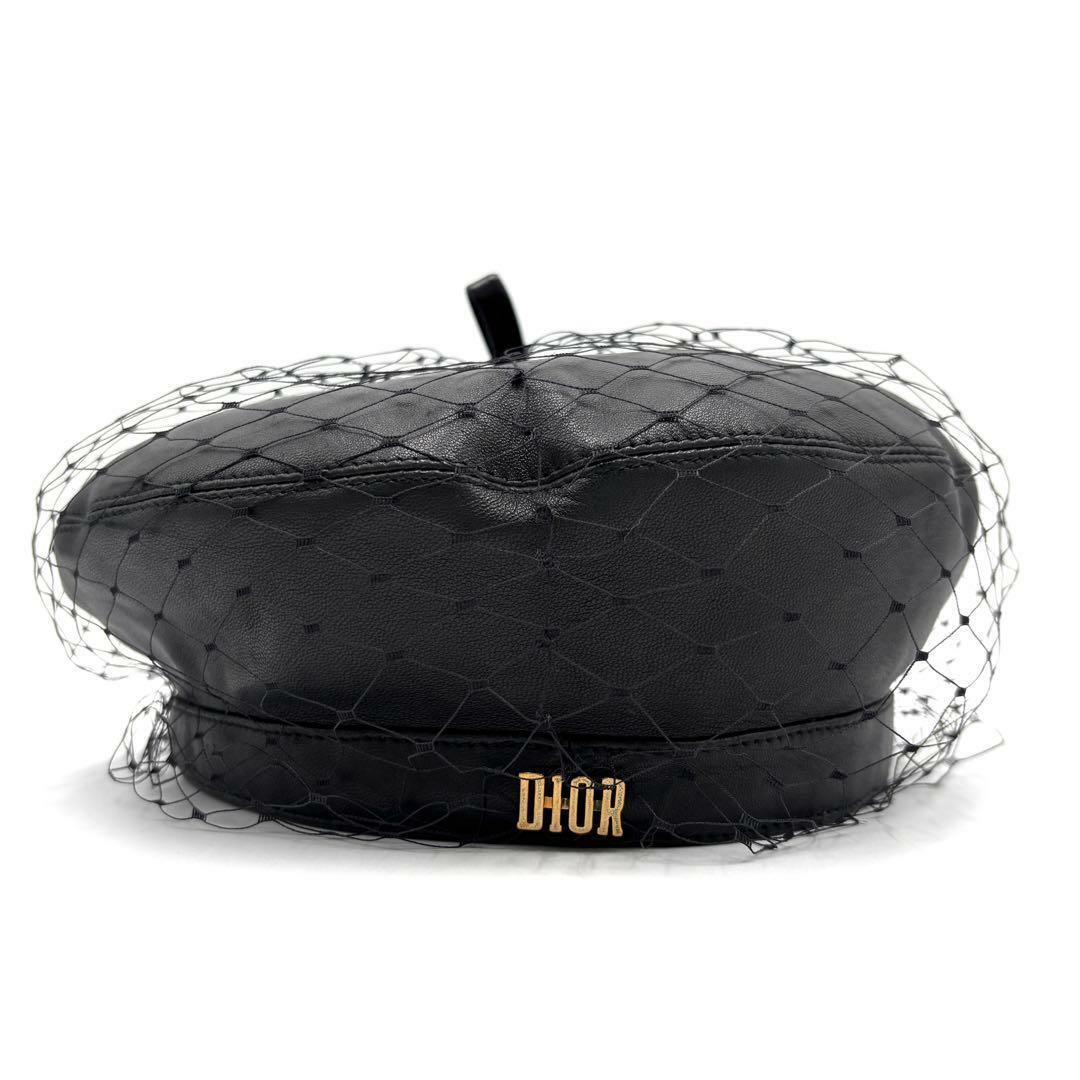 【極美品】ディオール ベレー帽 キャスケット ラムレザー ゴールドロゴ 黒 網