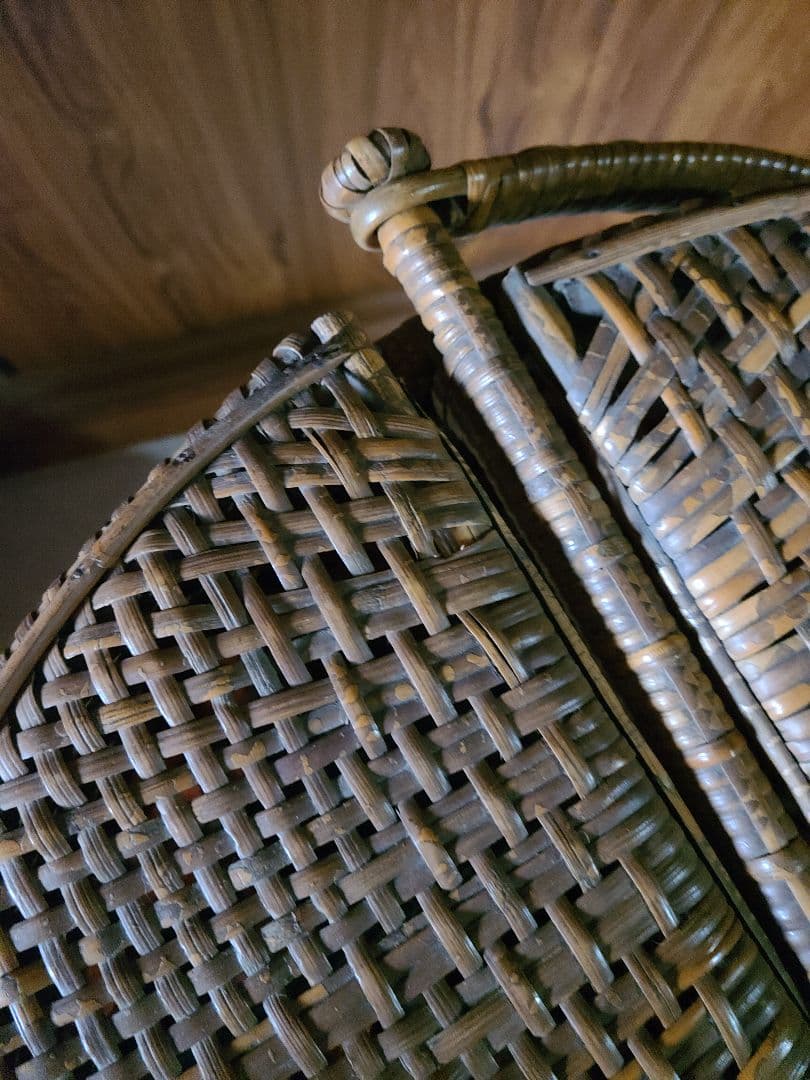 フランスアンティーク ラタン チェック柄 バスケット