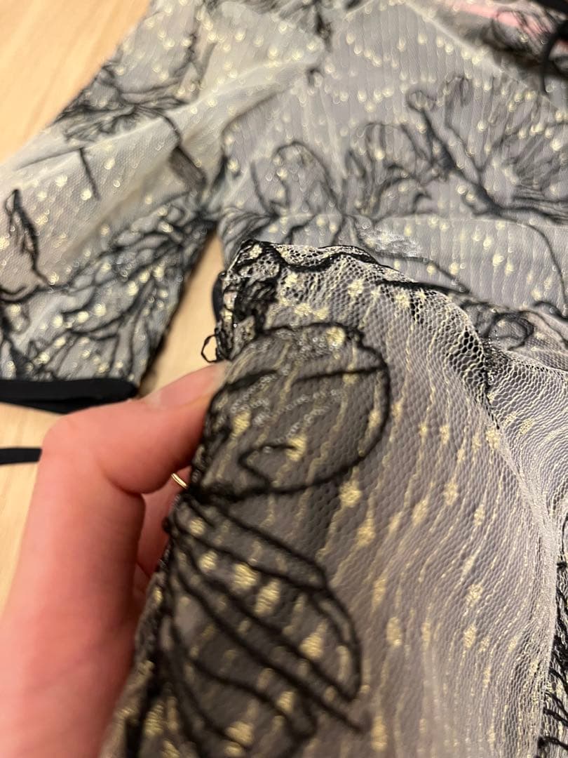 lejaレースフロントバックリボンパフスリーブマーメイドフレアロングワンピース