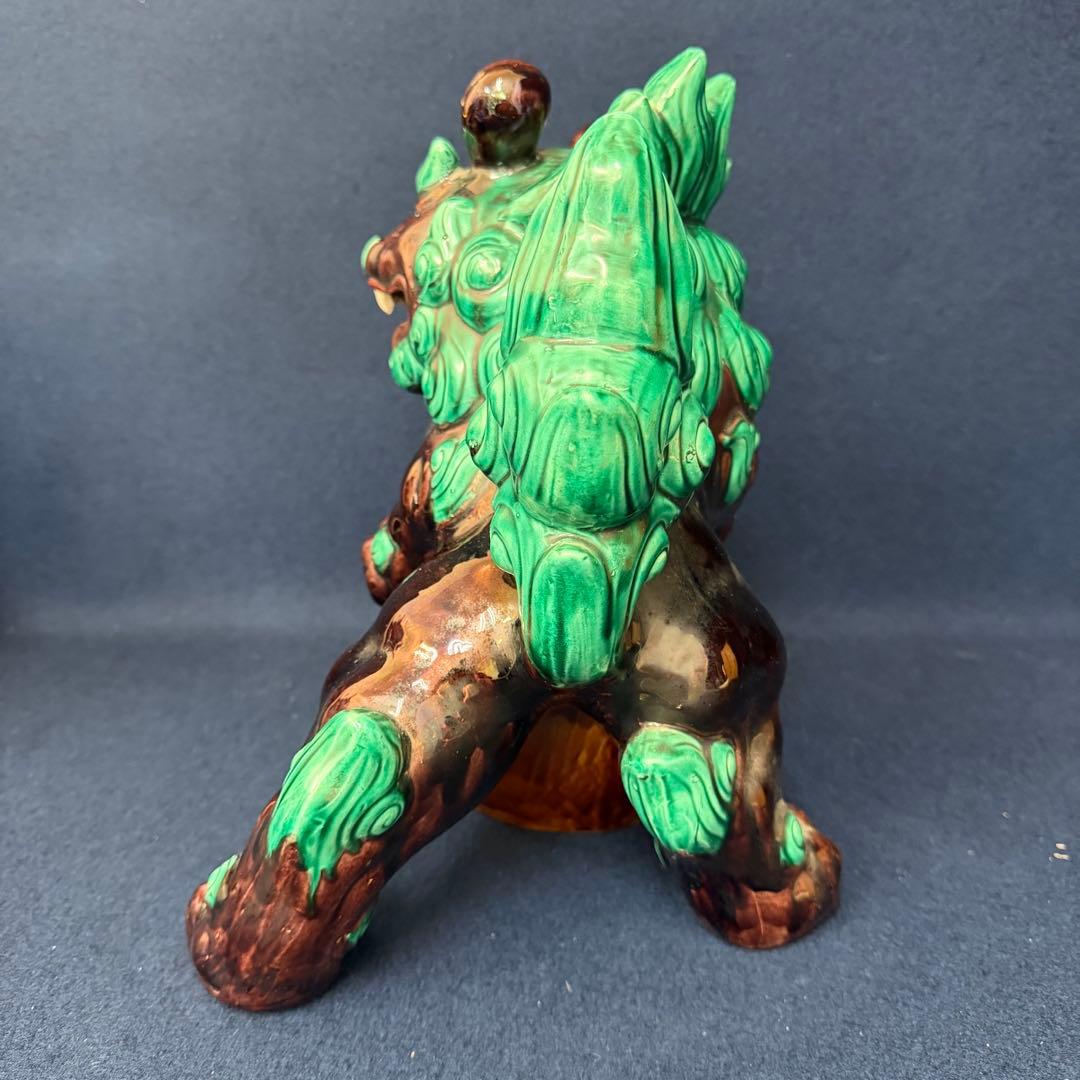 九谷焼 糠川清章 唐獅子置物 高さ約30cm玉乗り獅子 縁起物 色絵 共箱