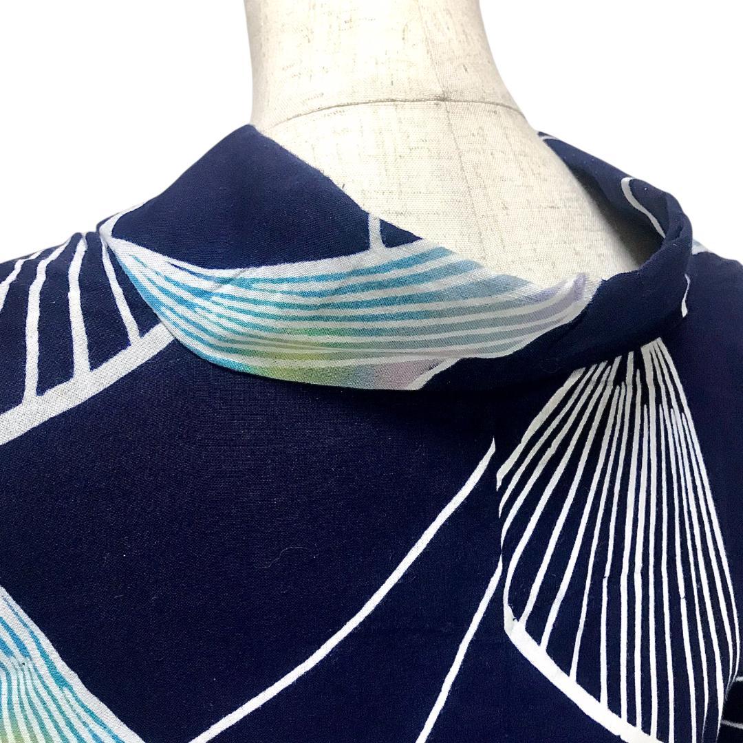 【浴衣】抽象模様　藍染 注染　紺 ネイビー　S　アンティーク ＋半幅帯セット