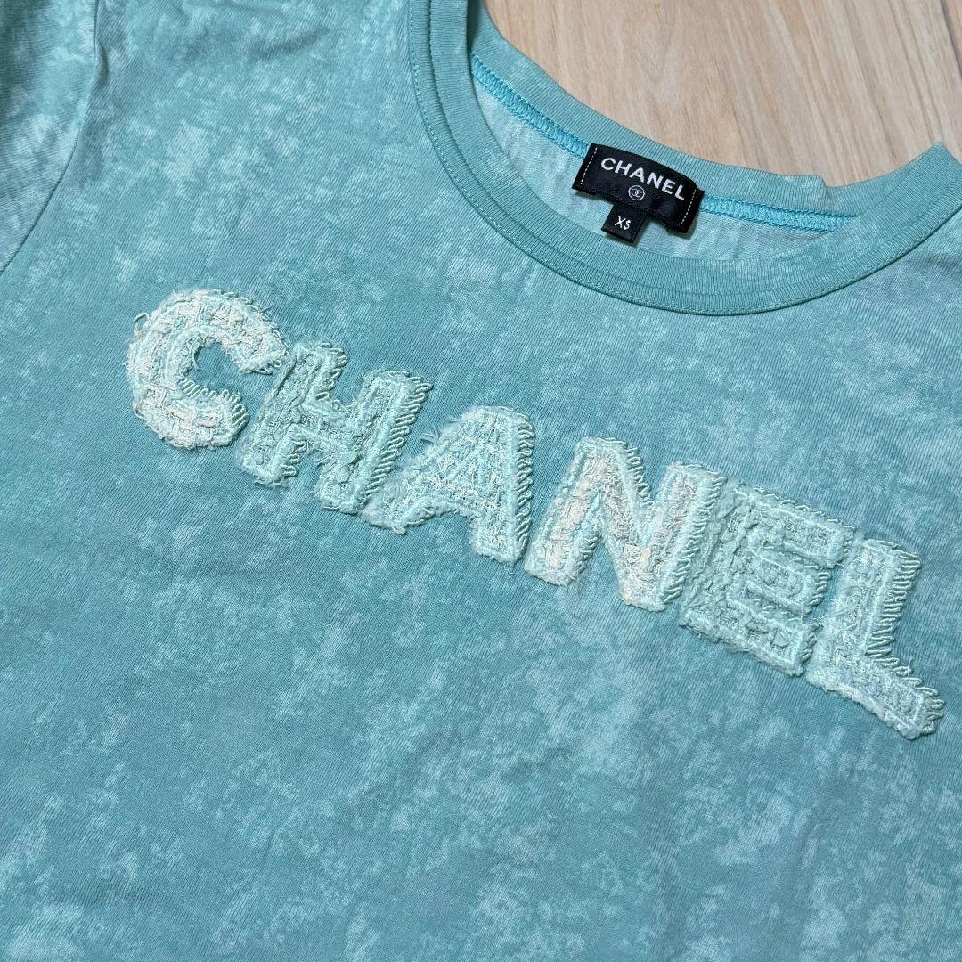 シャネル ロゴ 刺繍 ラインストーン付き ココマーク コットン 半袖 Tシャツ