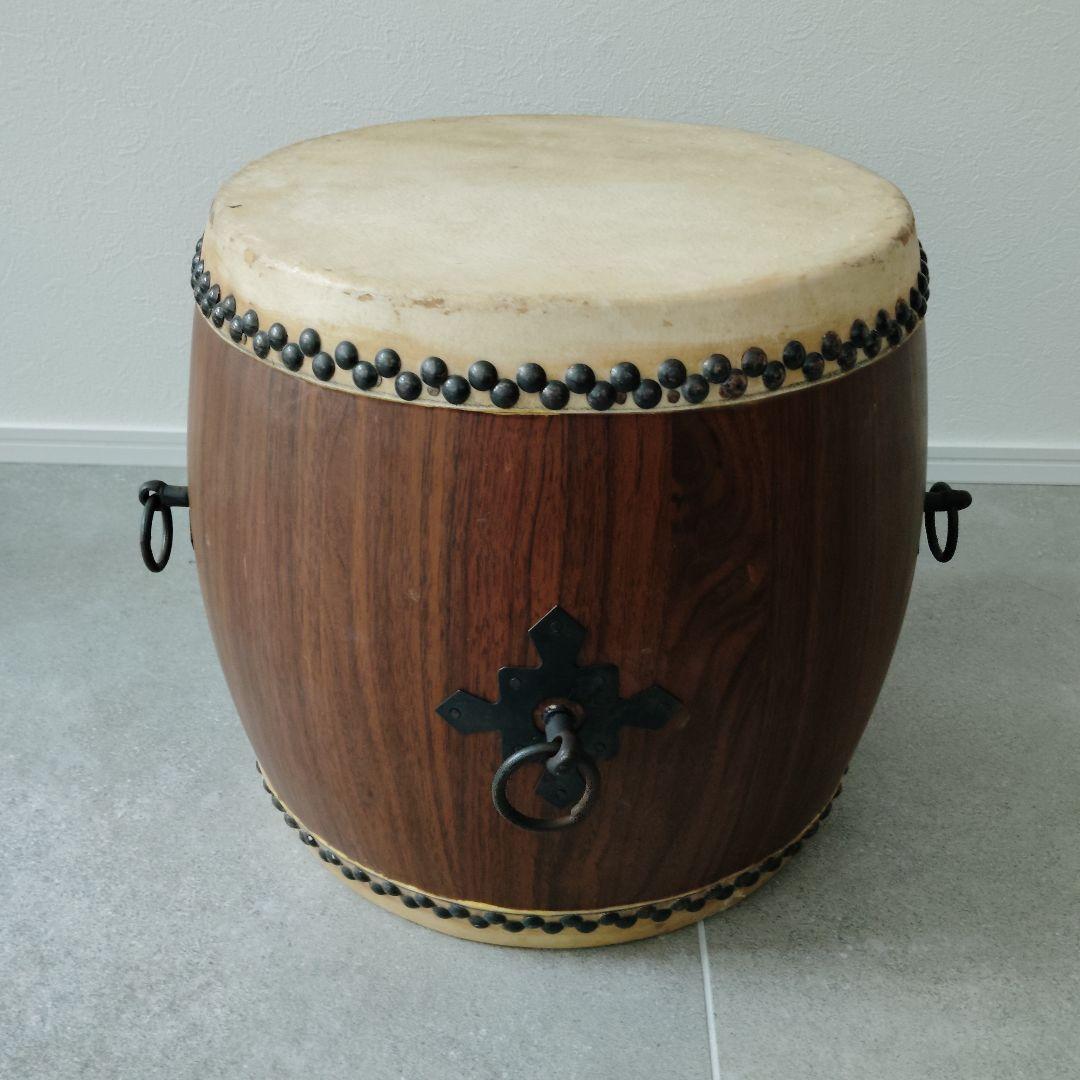 和太鼓 長胴 一尺 φ30cm 木製皮張 鉄製取手4箇所 撥 台付セット