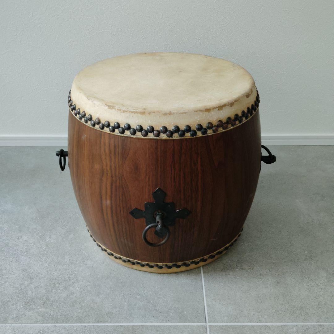 和太鼓 長胴 一尺 φ30cm 木製皮張 鉄製取手4箇所 撥 台付セット