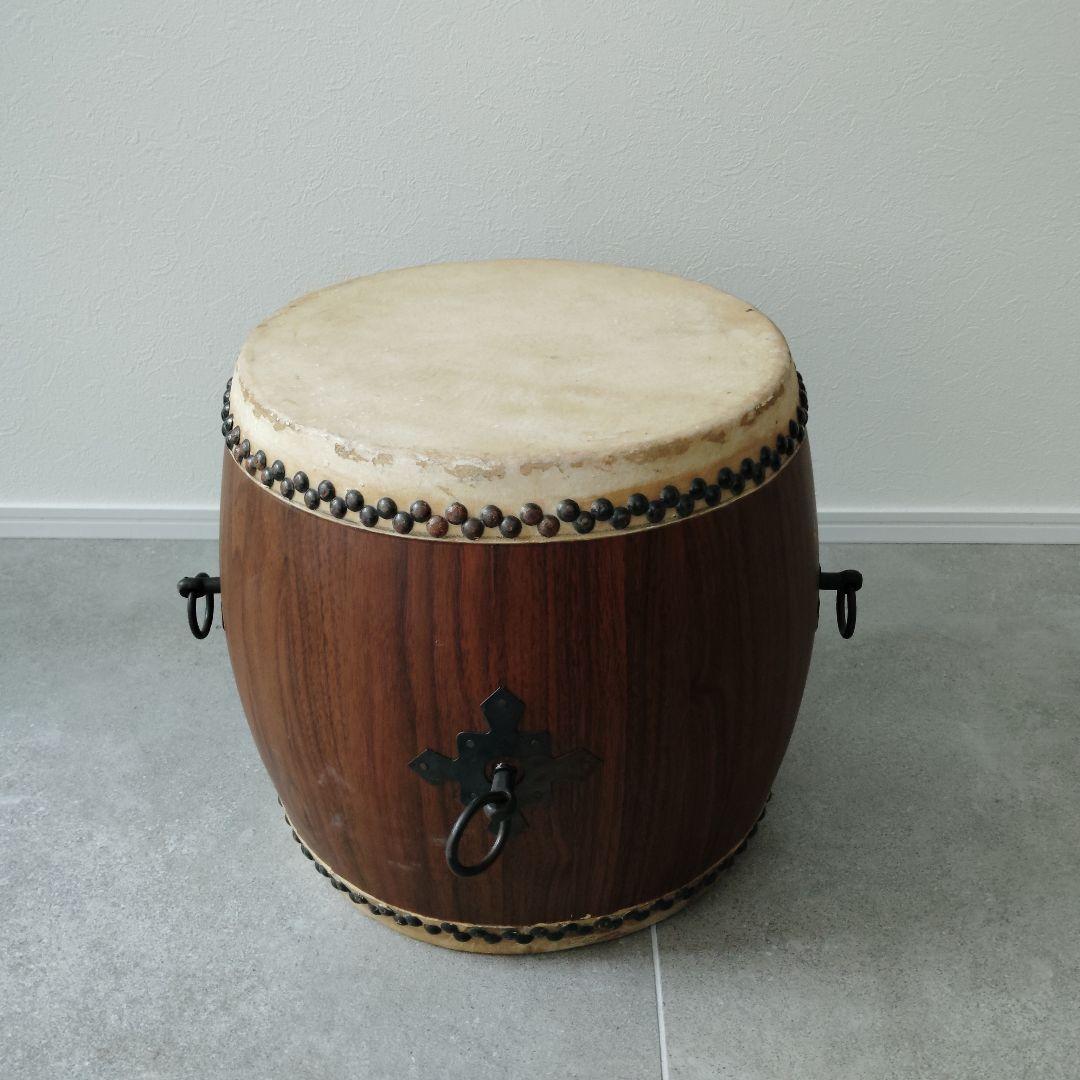 和太鼓 長胴 一尺 φ30cm 木製皮張 鉄製取手4箇所 撥 台付セット