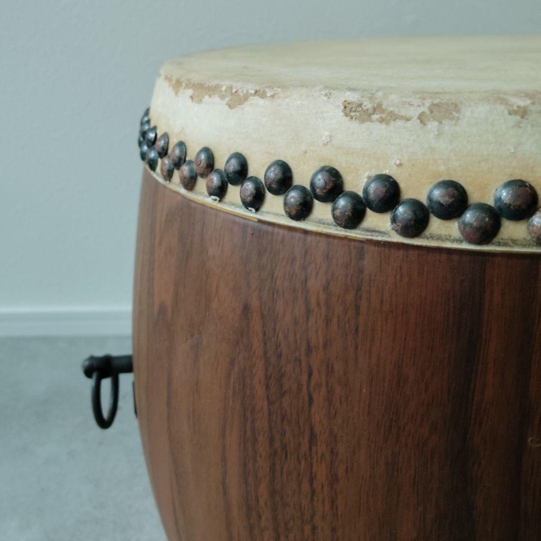 和太鼓 長胴 一尺 φ30cm 木製皮張 鉄製取手4箇所 撥 台付セット