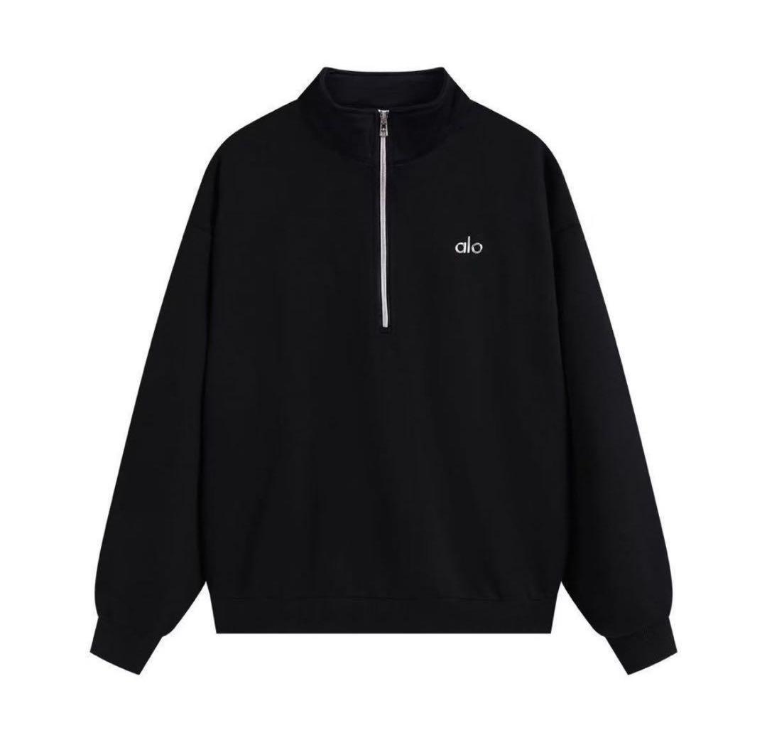 alo yoga ブラック スウェット ハーフジップ トレーナー