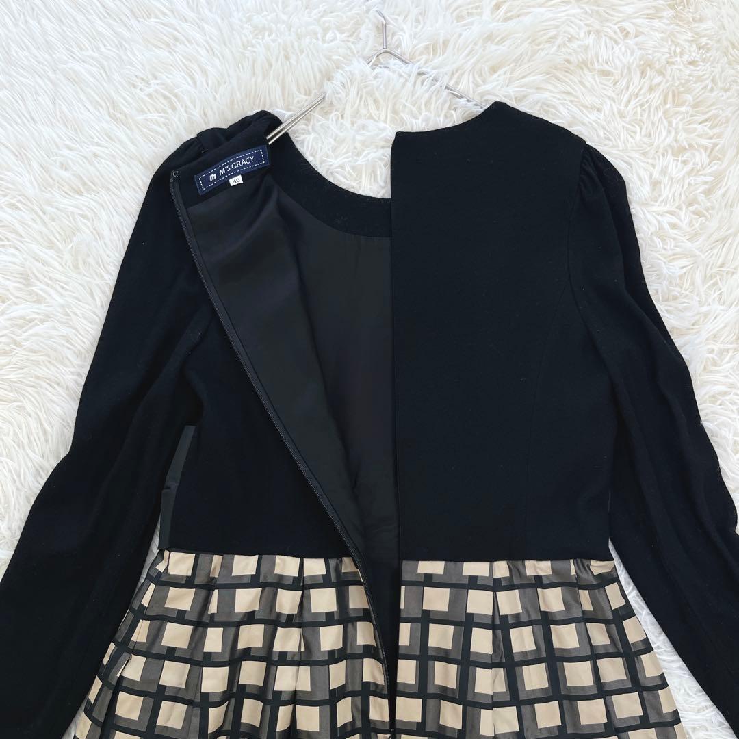 エムズグレイシー ウール100 切替チェック ウエストリボンワンピース 40 黒