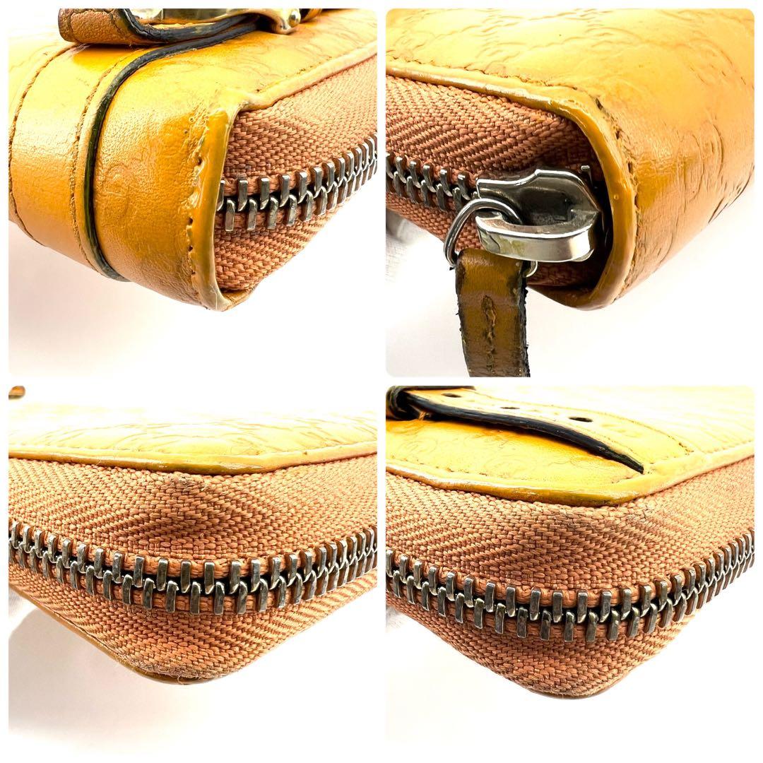 GUCCI　イエロー　GG柄　シマレザー　ホースビット　ラウンドファスナー