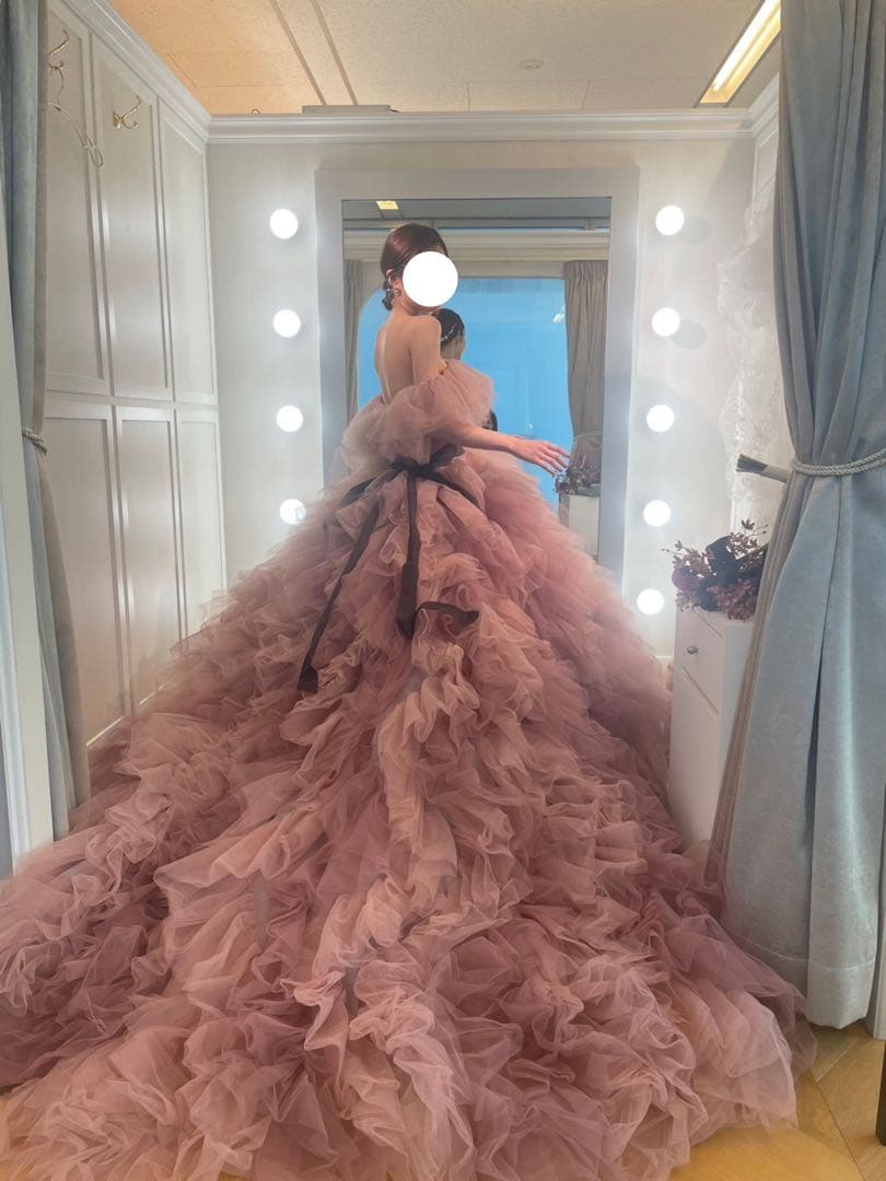 ニュアンスカラードレス くすみピンク ふわふわ チュール プリンセスドレス