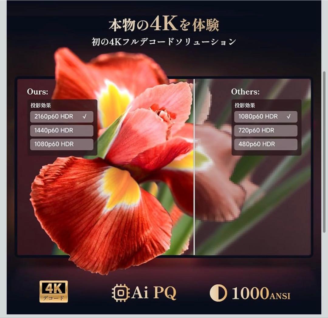 プロジェクター 4K 小型1200ANSI 高輝度 AIオートフォーカス